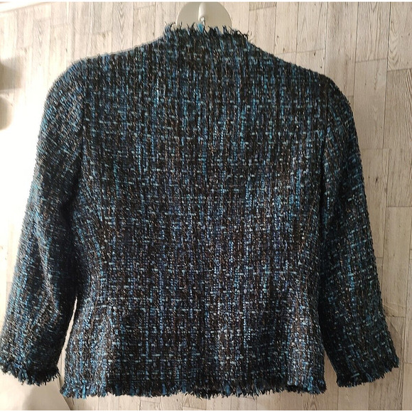 Anne Klein Women's Open woven fringed fully lined Blue tweed metallic Jacket 12 - Picture 2 of 12